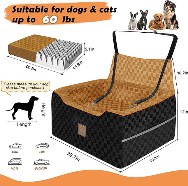 Large Dog Car Seat for Back Seat – Removable Dog Booster Seat & Washable Pet Car Seat for Medium & 2 Small Dogs up to 60lbs – Safety Straps & Storage Pocket – Travel & Home Use (Black/Brown)