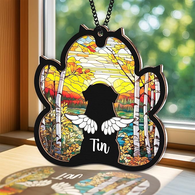 Personalized Angel Dog Memorial Suncatcher, Paw Suncatcher Remembrance Gift, Engraved Pet Memorial Ornament, Pet Sympathy Keychain, Loss of Animal Sympathy Card, Rainbow Bridge Dog Loss Gift