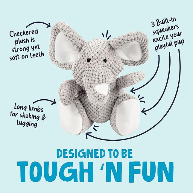 goDog Checkers Elephant Tough Plush Toy with Chew Guard Technology, Durable Checkered Fabric & Squeaker for Active Play, Gray, Large