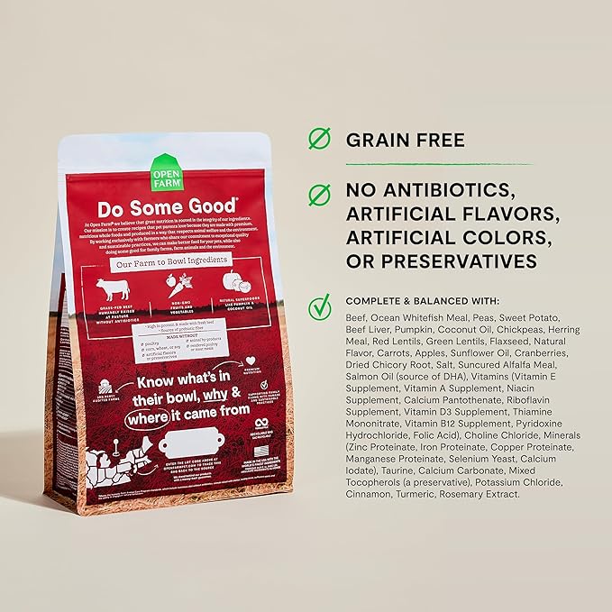 Open Farm, Grain-Free Dry Dog Food, Complete & Balanced Kibble, Sustainably & Ethically Sourced Ingredients, Non-GMO Veggies & Superfoods to Support Overall Health, Grass-Fed Beef Recipe, 4lb Bag