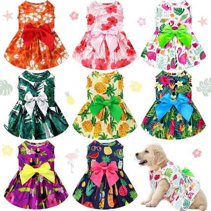 LEIFIDE 8 Pcs Summer Themed Hawaii Dog Dresses Holiday Flamingo Fruit Floral Pattern Pet Skirts Hawaii Puppy Princess Dresses Outfits Bowknot for Girl Dogs Cats Beach(Medium)