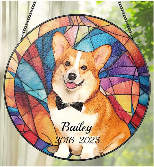 Personalized Pet Portrait Stained Glass Suncatcher, Custom Window Hanging Dog Cat Memorial Suncatcher, Pet Memorial Sympathy Gifts for Loss of Dog