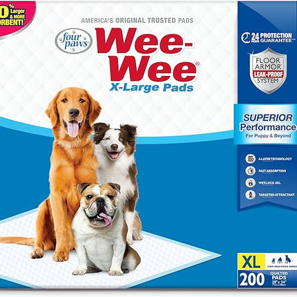 Four Paws Wee-Wee Superior Performance Unscented Extra-Large Pee Pads for Dogs & Puppies, Quilted Leak-Proof Dog Housebreaking Potty Training Floor Protection, 28" x 34", 200 Count