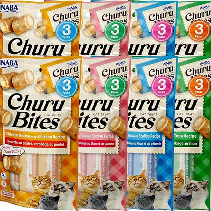 INABA Churu Bites for Cats, Soft Baked Chicken Churu Filled Cat Treats with Green Tea Extract, 0.35 Ounces Each Tube, 24 Tubes Total, 4 Flavor Variety