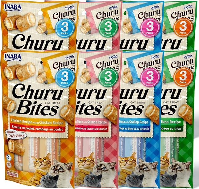 INABA Churu Bites for Cats, Soft Baked Chicken Churu Filled Cat Treats with Green Tea Extract, 0.35 Ounces Each Tube, 24 Tubes Total, 4 Flavor Variety