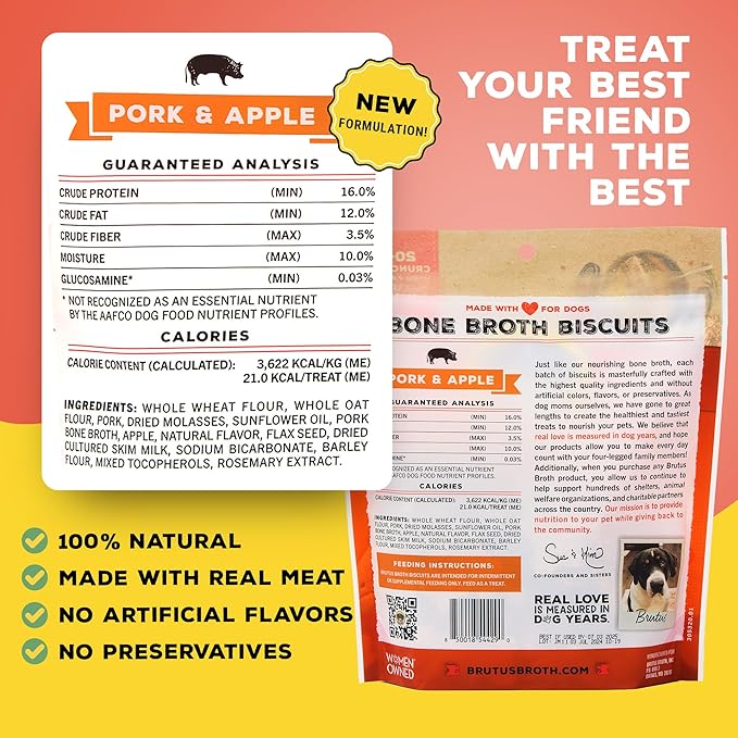 Brutus Bone Broth Biscuits (Pork and Apple) - Natural Dog Treats - Healthy Dog Biscuits with Real Pork, Bone Broth and Apple for Healthy Joints - 18 Grams of Protein - 8 OZ (Pack of 2)