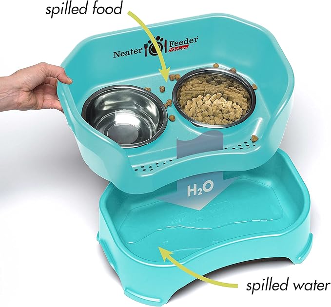 Neater Pet Brands Neater Feeder Deluxe Mess Proof Dog Bowls Elevated for Large Dogs Over 40 lbs, Made in USA, No Spill Raised Dog Food Bowl Stand Feeding Station, Food and Water Bowl Set, Aquamarine