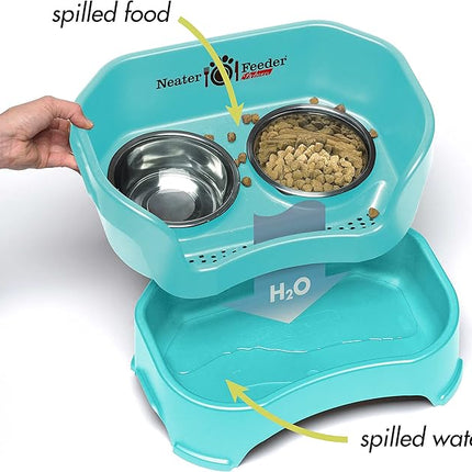 Neater Feeder Deluxe Mess Proof Cat Bowls Elevated for All Breeds – Made in USA – No Spill Raised Cat Bowls for Indoor Cats w/Leg Extensions – Stainless Steel Cat Food and Water Bowl Set - Teal