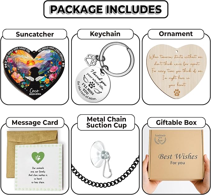 Personalized Angel Dog Memorial Suncatcher, Heart Suncatcher Remembrance Gift, Engraved Pet Memorial Ornament, Pet Sympathy Keychain, Loss of Animal Sympathy Card, Rainbow Bridge Dog Loss Gift