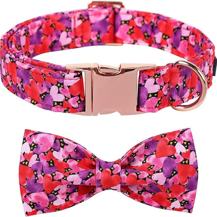 Maca Bates Valentine's Day Dog Collar with Fancy Bow for Medium Girl Boy Dogs,Tiedyed Love Hearts Pattern,Adjustable Durable Soft Valentine Gift for Female Male Puppy