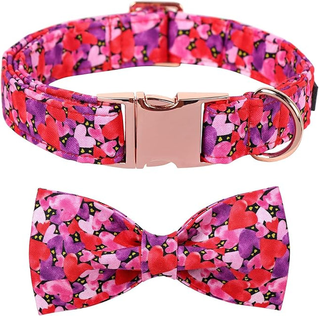 Maca Bates Valentine's Day Dog Collar with Fancy Bow for Medium Girl Boy Dogs,Tiedyed Love Hearts Pattern,Adjustable Durable Soft Valentine Gift for Female Male Puppy