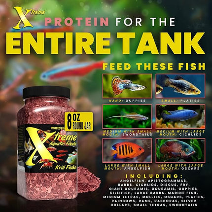 Xtreme Krill Flakes - Premium Max Protein Freshwater Fish Food with 100% Krill and Shrimp, & Vitamins for Optimal Immune and Digestive Health, Boosts Color & Energy – USA Farm Grown (8oz)