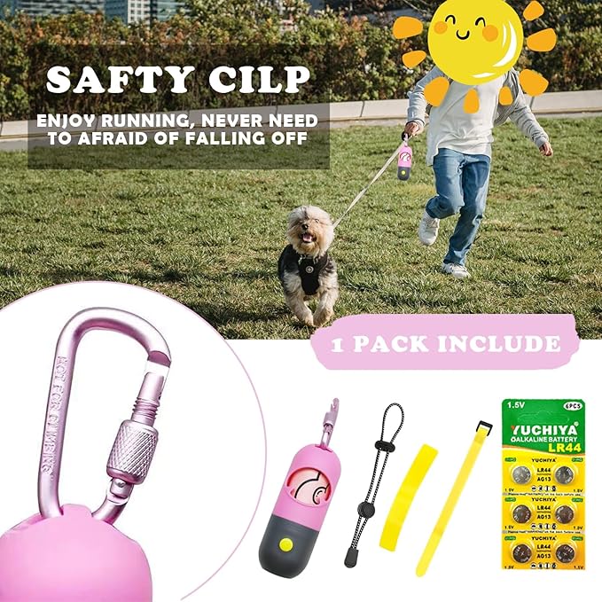 Dog Poop Bags Holder with LED Flashlight|Pet Waste Bags Dispenser for Leash|Doggie Potty Bags Container with Leak-proof Pet Trash Bags and Accessories (2 Holders 30 Bags, Pink)