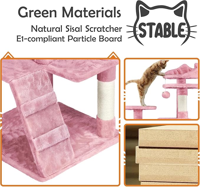 Yaheetech 62in Cat Tree Tower for Indoor Cats, Kitten Furniture with Double Condo, Scratching Posts, Multiple Platforms and Balls for Kitty, Pink