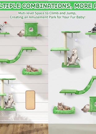 Cat Wall Shelves, 6 in 1 Cat Wall Furniture Set with Condos House, Bed, Bridge, Tree, Steps, Scratching Board, DIY Walls Playground for Indoor (Green)