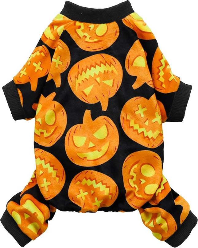 Fitwarm Halloween Pumpkin Dog Pajamas, Funny Dog Winter Clothes for Small Dogs Girl Boy, Pet Jumpsuit, Cat Halloween Costumes with Feet, Lightweight Velvet, Black, Orange, XXL