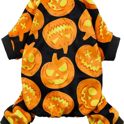 Fitwarm Halloween Pumpkin Dog Pajamas, Funny Dog Winter Clothes for Small Dogs Girl Boy, Pet Jumpsuit, Cat Halloween Costumes with Feet, Lightweight Velvet, Black, Orange, XL