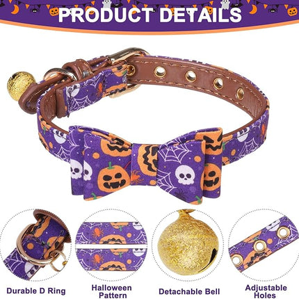 EXPAWLORER Halloween Dog Collar and Leash Set - Dog Bow Tie and Dog Bandana Collar with Bell, Dog Leash Tangle Free, Adjustable Collars for Small Medium Large Dogs Cats, Holiday Ideal Gift for Pets