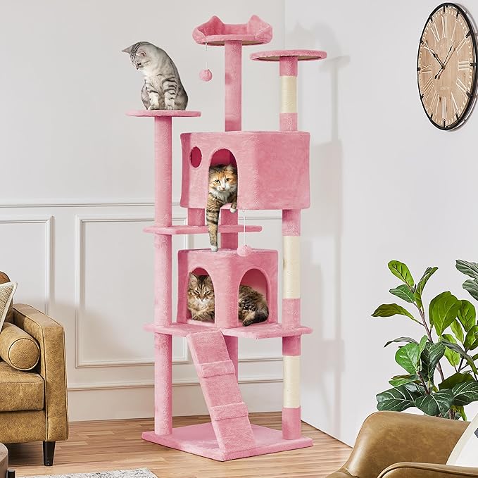 Yaheetech XL Cat Tree, 80in Multi-Level Tower w/Scratching Posts, Double Cat Condo, Perched Platforms & Dangling Balls, Activity Center for Kittens & Pets, Pink