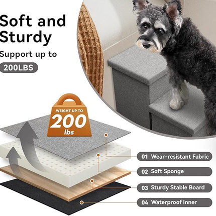 Wider Dog Stairs with Storage 18" H, 3-Step Sturdy Dog Steps for Large/Medium/Small Older Senior Dogs Cats, Folding Pet Stairs Climbing Bed or Couch, Arthritis-Friendly (Gray, No Condo)