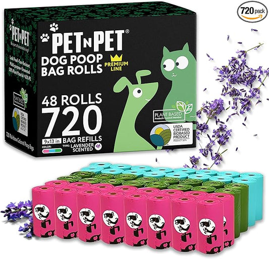 Pet N Pet 720 Counts Lavender Scented, Colorful Poop Bags for Dogs, 38% Plant Based & 62% PE Dog Poop Bags Rolls, Extra Thick Dog Waste Bag, Doggy Bag