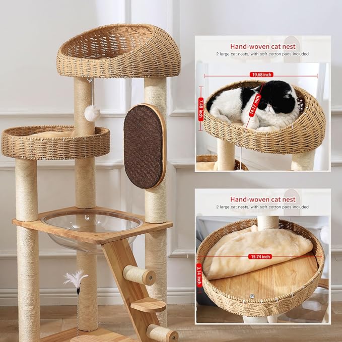 Cat Tree, Modern Cat Tree Tower with Space Capsule, Hand-Woven Basket Nest, Sisal Posts & Scratching Board, 50 Inch Heavy-Duty Multi-Level Indoor Wood Tower
