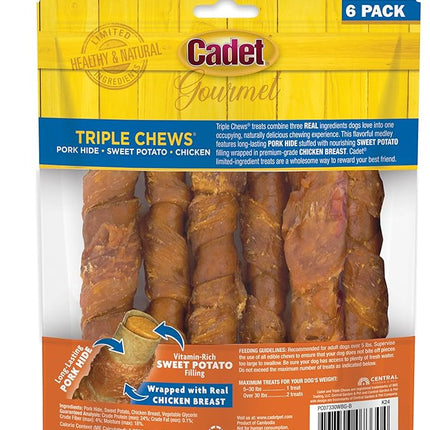 Cadet Gourmet Triple Chews Long-Lasting Pork Hide Sticks with Sweet Potato and Chicken, Healthy Dog Treats for Small & Large Dogs, 6 Count
