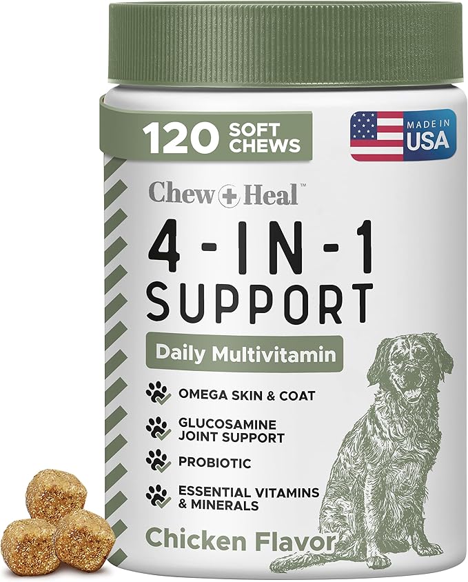 All in 1 Dog Vitamins and Supplements, 120 Soft Chew Multivitamins with Glucosamine, Probiotics, Omega Fish Oil -for Skin, Coat, Hip, Joint & Gut Health -Senior, Puppy, Large & Small Dogs