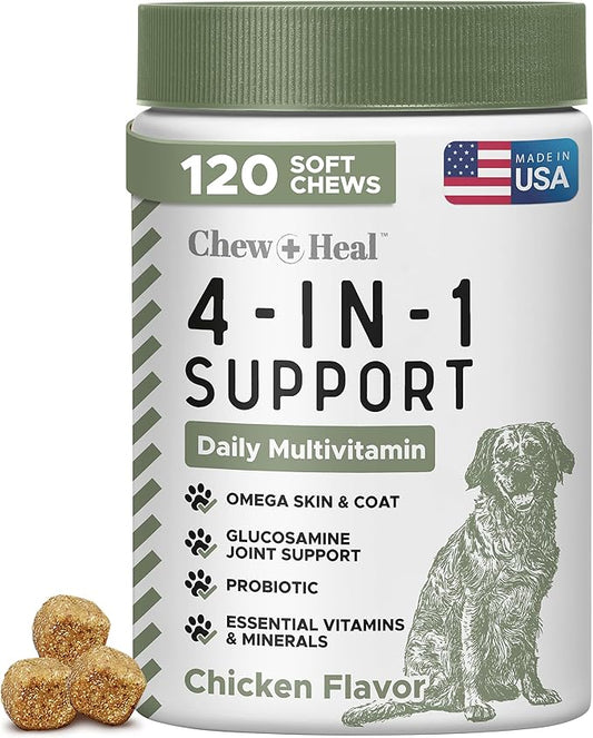 All in 1 Dog Vitamins and Supplements, 120 Soft Chew Multivitamins with Glucosamine, Probiotics, Omega Fish Oil -for Skin, Coat, Hip, Joint & Gut Health -Senior, Puppy, Large & Small Dogs