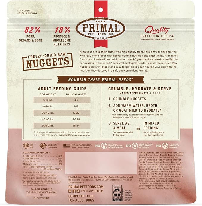 Primal Freeze Dried Raw Dog Food Nuggets, Pork, Complete & Balanced Meal, Also Use as Topper or Treat, Premium, Healthy, Grain Free, High Protein Raw Dog Food, 14 oz (Pack of 4)