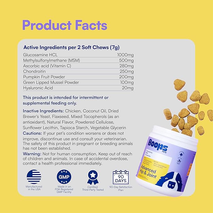 Advanced Hip & Joint Supplement for Dogs - 90 Soft Chews with Glucosamine, MSM, Chondroitin & Multivitamins - Helps Mobility, Flexibility & Arthritis Relief - Made with Pasture-Raised Chicken