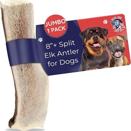 Devil Dog Pet Co. Split Elk Antlers for Dogs, Jumbo 8"+, 1 Pack, Grade A Long Lasting Chew for Aggressive Chewers, Premium USA Naturally Shed Antler – Healthy, No Odor, Durable Dog Chew