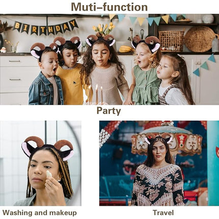 Beviliu Goat Ears Headband with Ram Horns, Animals Ears and Horns Headband, Sheep Ears Custome Lamb Ears Headwear for Halloween Christmas Birthday Party Theme Cosplay, Black