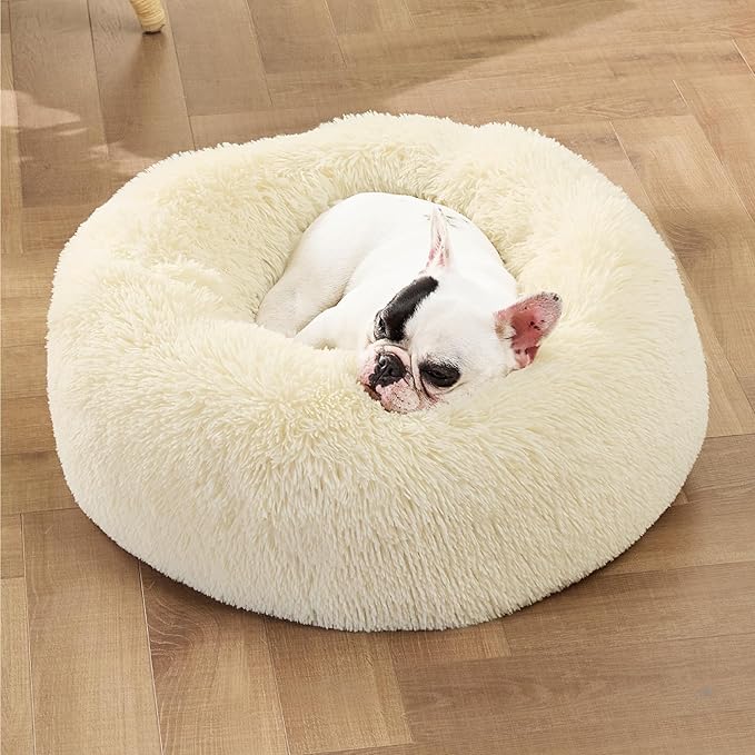 Bedsure Calming Dog Bed for Small Medium Dogs - Donut Washable Medium Pet Bed, 27 inches Anti-Slip Round Fluffy Plush Faux Fur Cat Bed, Ivory Beige