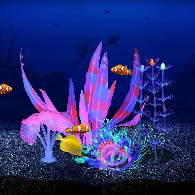 Glowing Fish Tank Decorations, 4 pcs Glow Aquarium Decor Set, Multicolor Underwater Themed Plants (Pink Coral, Green Anemone, Purple Feather Coral, Pink Kelp)