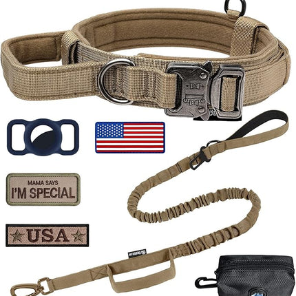 Dog Collar and Leash: - Nylon K9 Collars with Handle and Heavy Duty Metal Buckle for Medium and Large Dogs with 3 Patches and Airtag Case Holder (XL, Brown-Set)