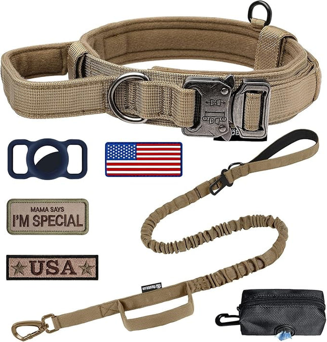 Dog Collar and Leash: - Nylon K9 Collars with Handle and Heavy Duty Metal Buckle for Medium and Large Dogs with 3 Patches and Airtag Case Holder (XL, Brown-Set)