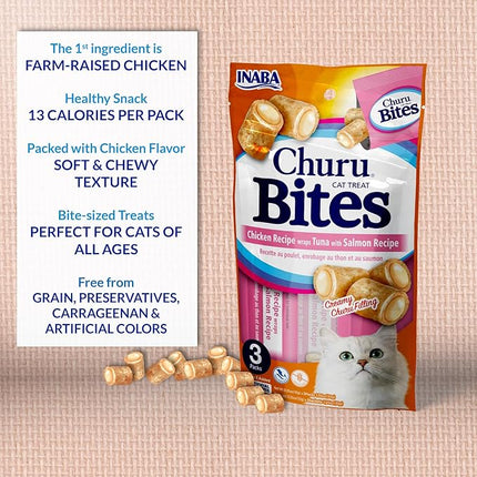 INABA Churu Bites for Cats, Soft Baked Chicken Churu Filled Cat Treats with Vitamin E, 0.35 Ounces Each Tube, 24 Tubes Total (3 per Pack), Chicken Recipe