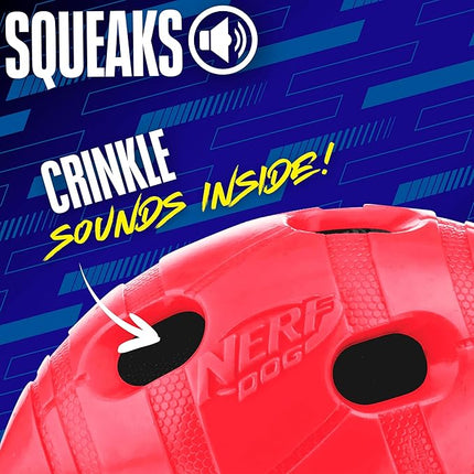 Nerf Dog Rubber Football Dog Toy with Interactive Squeaker and Crunch, Lightweight, Durable and Water Resistant, 6 Inch Diameter for Medium/Large Breeds, Single Unit, Red