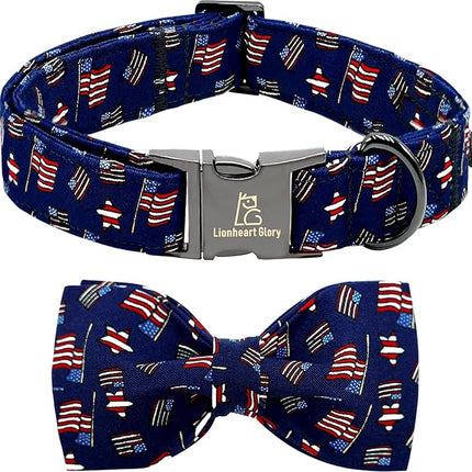Lionheart glory American Flag Dog Collar 4 of July Independence Patriotic Dog Bow Collars Heavy Duty Adjustable Soft Collar with Bowtie for Medium Dogs Pet Gift