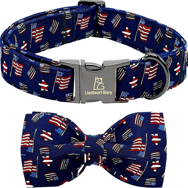 Lionheart glory American Flag Dog Collar 4 of July Independence Patriotic Dog Bow Collars Heavy Duty Adjustable Soft Collar with Bowtie for Medium Dogs Pet Gift