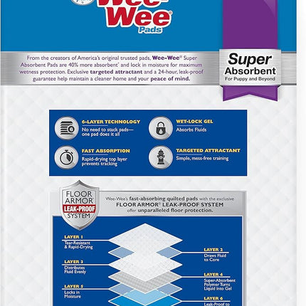 Four Paws Wee-Wee Super Absorbent Unscented Pee Pads for Dogs & Puppies with Insta-Rise Border, Leak-Proof Dog Housebreaking Potty Training Floor Protection, 24" x 24", 22 Count