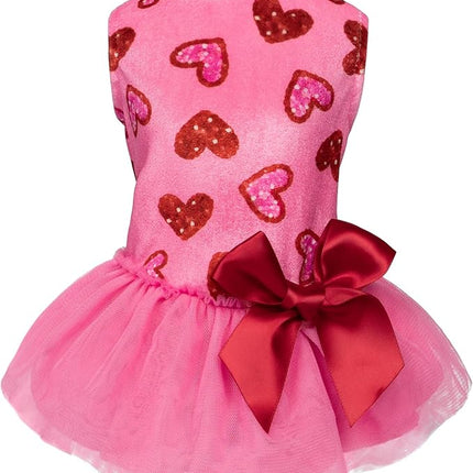 Fitwarm Pink Heart Tulle Dog Dress, Fancy Valentines Outfit for Small Dogs Girl, Festive Pet Clothes, Pink, Red, XS