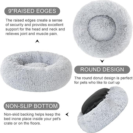Dog Calming Beds for Small Medium Large Dogs - Round Donut Washable Puppy Dog Bed, Anti-Slip Faux Fur Fluffy Donut Cuddle Anxiety Cat Pet Bed(Light Grey 20")