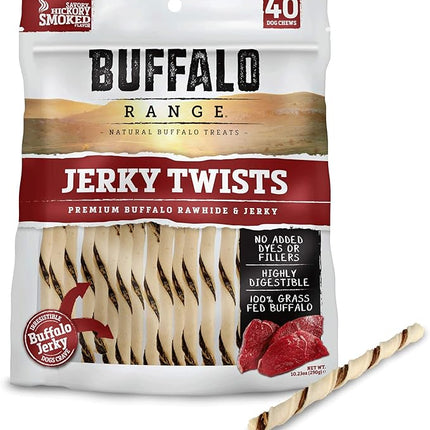 Buffalo Range Rawhide-Free Dog Treats – Natural Jerky Twists Made with Grass-Fed Buffalo – Hickory Smoked Flavor High Protein Chews for Dogs – Healthy Rawhide Alternative – 40 Count