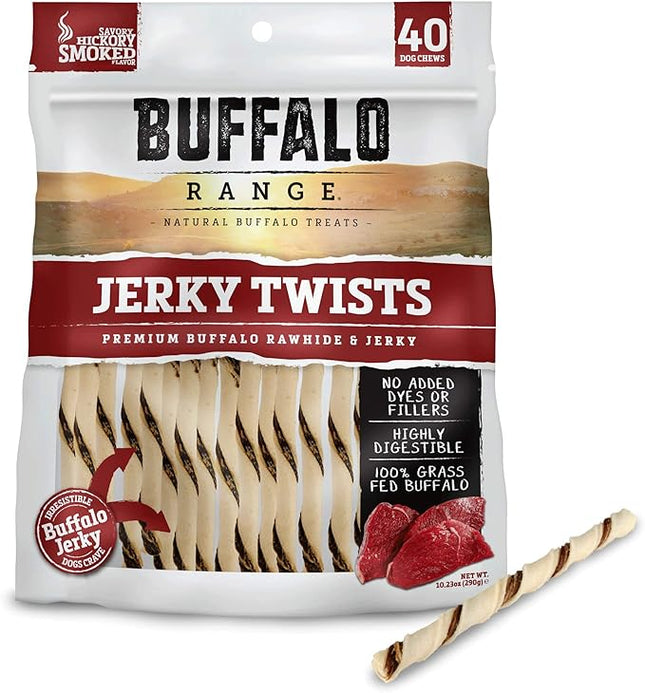 Buffalo Range Rawhide-Free Dog Treats – Natural Jerky Twists Made with Grass-Fed Buffalo – Hickory Smoked Flavor High Protein Chews for Dogs – Healthy Rawhide Alternative – 40 Count