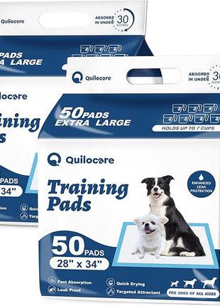 Quilocare 100 Count 28” x 34” XXL Puppy Pads, Super Absorbent Leakproof Extra Large Pee Pads for Dogs, Disposable Dog Training Pads