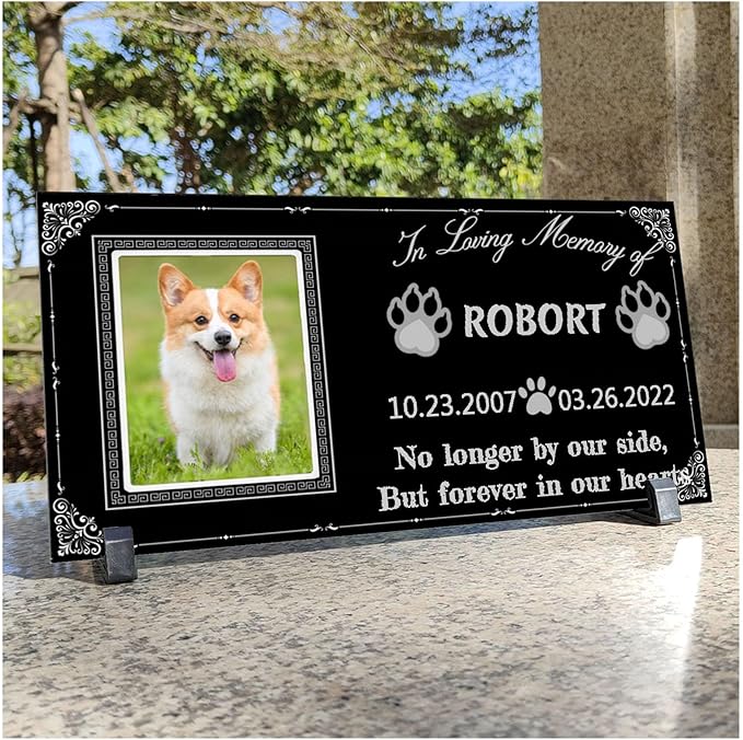 Dog Headstone - Black Granite Memorial Stone Engraved with Photo, Personalized Pet Memorial Stone for Dog and Cat