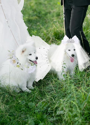 BINGPET Dog Wedding Outfit Dress,Doggy Cat Tutu Skirt with Dog Wedding Flower Collar and Crown Veil Set,Puppy Kitty Birthday Party Supplies,Dog Wedding Attire Bride Costume for Small Medium Dogs Cats