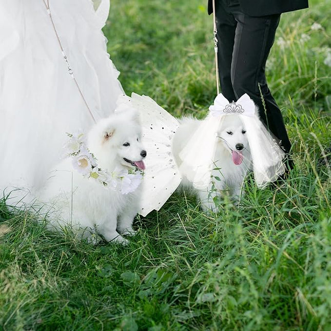 BINGPET Dog Wedding Outfit Dress,Doggy Cat Tutu Skirt with Dog Wedding Flower Collar and Crown Veil Set,Puppy Kitty Birthday Party Supplies,Dog Wedding Attire Bride Costume for Small Medium Dogs Cats